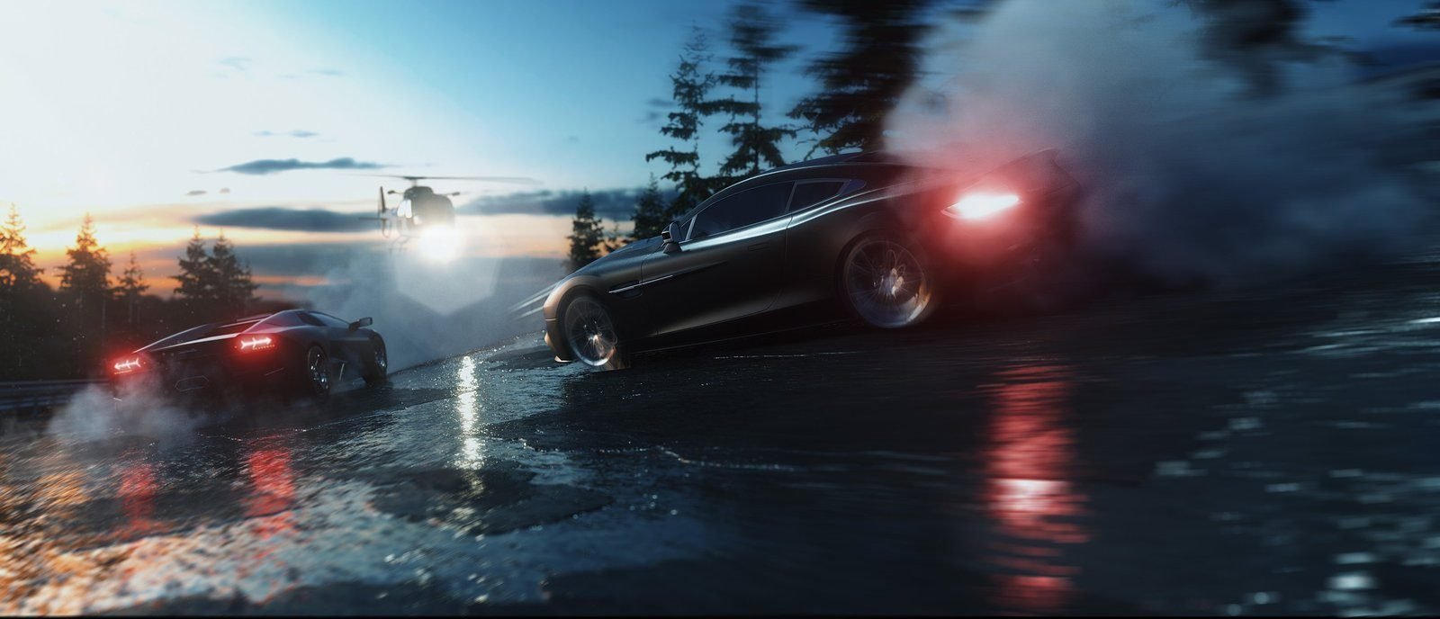 Car on a wet street at night