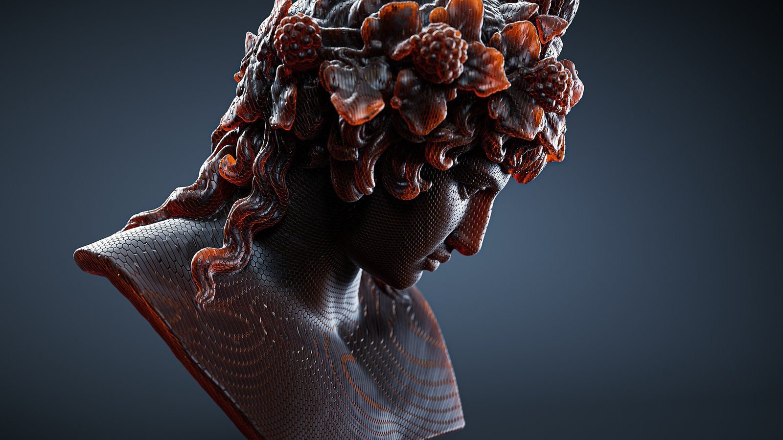 Sculpted bust with a coral-like surface, lookdev study